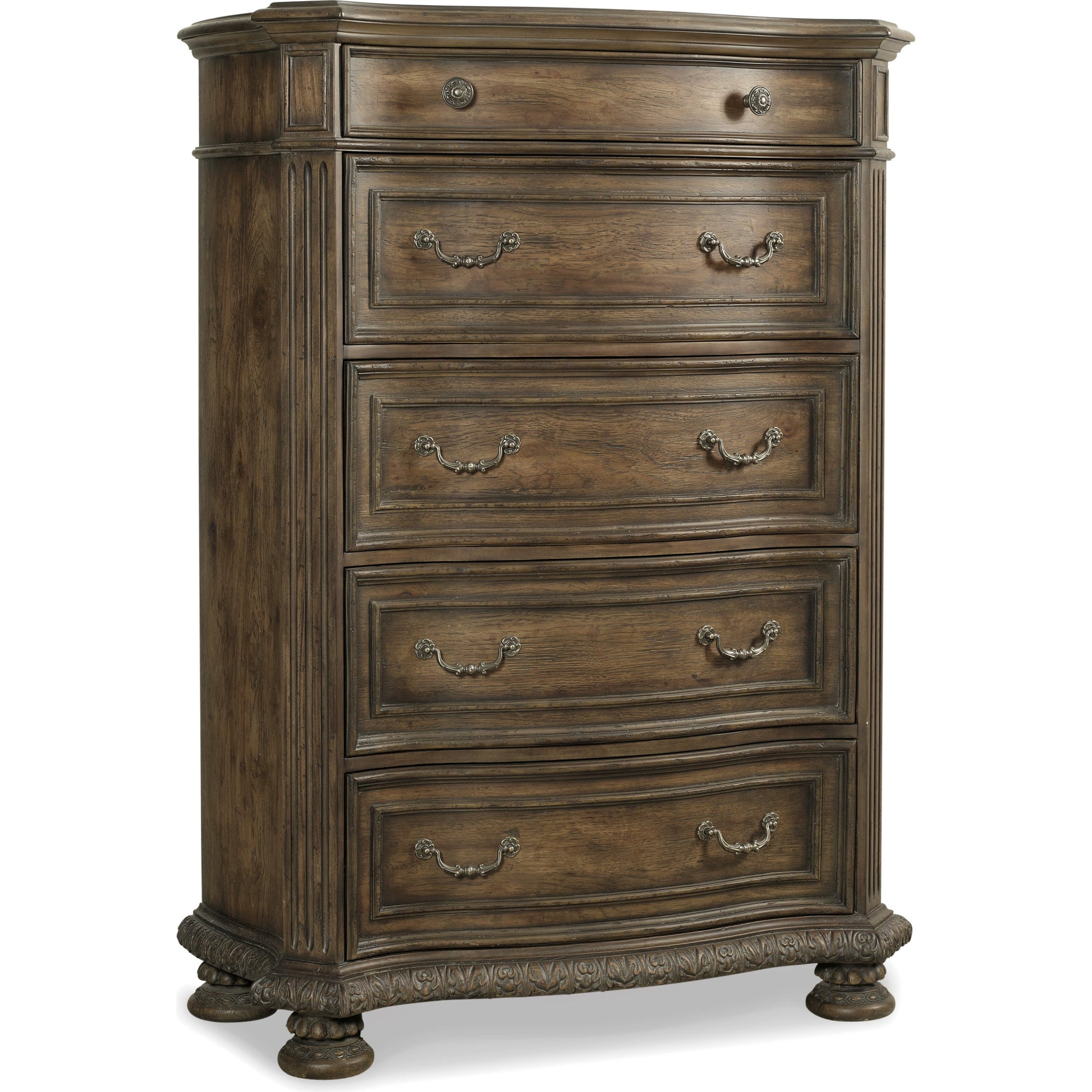Rhapsody Five Drawer Chest by Hooker Furniture in rustic walnut. Made from pecan veneers in a traditional style.