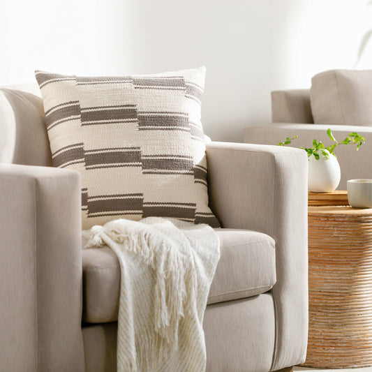 Larsen Pillow - 481531 by Surya in off-white, pale pink, grey, ivory, sage. Made from front: 100% cotton, back: 100% cotton in a modern style.