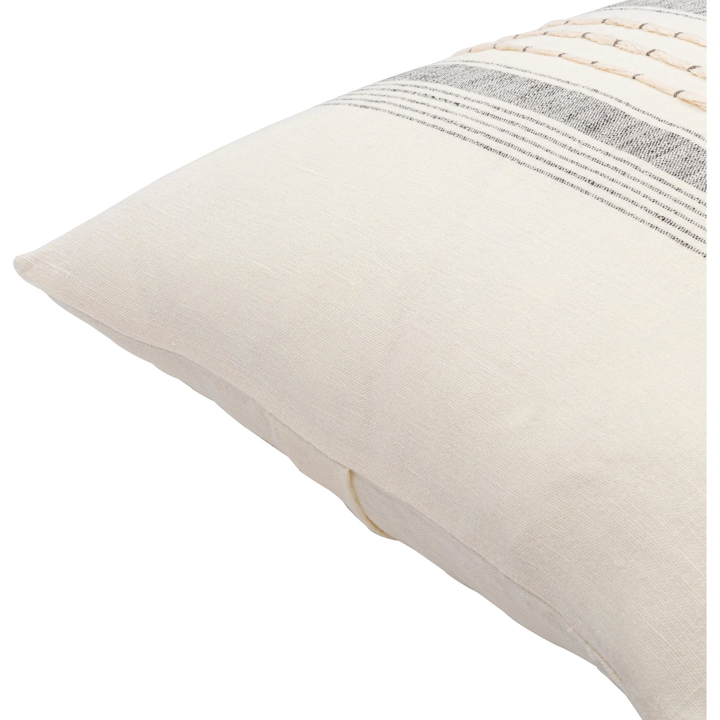 005 SI-1885257,SI-1885258,SI-1885259,SI-1885260,SI-1885261,SI-1885262 | Closeup | Linen Stripe Embellished Pillow - 33448 by Surya in cream, black. Made from 100% linen in a cottage & farmhouse style.