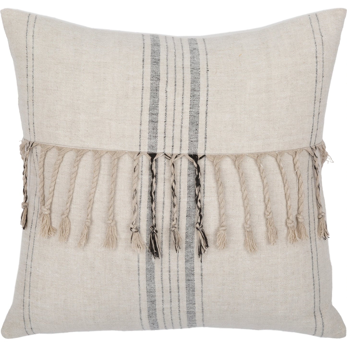 001 SI-1885273,SI-1885274,SI-1885275,SI-1885276,SI-1885277,SI-1885278 | Primary Silo | Linen Stripe Embellished Pillow - 13701 by Surya in light beige, black, oatmeal. Made from 100% linen in a eclectic & global style.