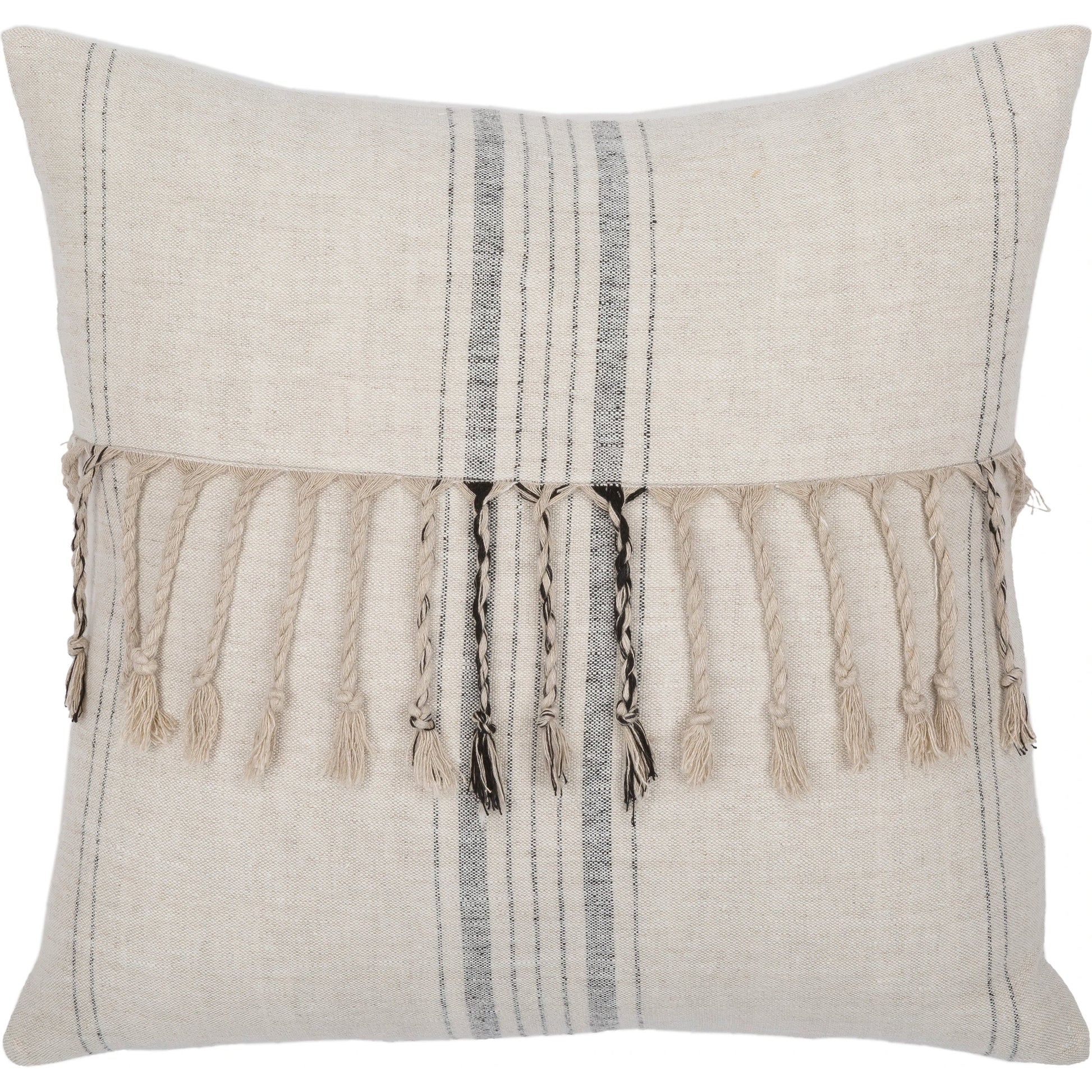 Linen Stripe Embellished Pillow - 13701 by Surya in light beige, black, oatmeal. Made from 100% linen in a eclectic & global style.