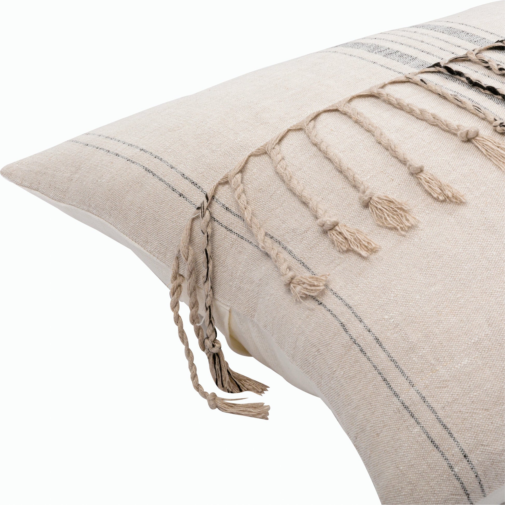 Linen Stripe Embellished Pillow - 13701 by Surya in light beige, black, oatmeal. Made from 100% linen in a eclectic & global style.