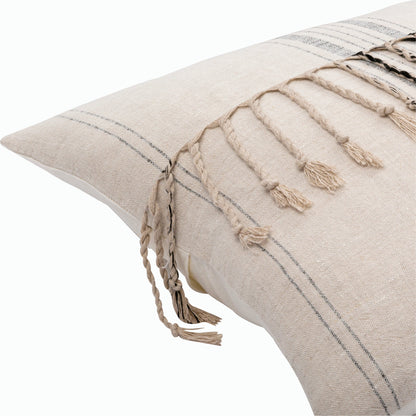 Linen Stripe Embellished Pillow - 13701 by Surya in light beige, black, oatmeal. Made from 100% linen in a eclectic & global style.