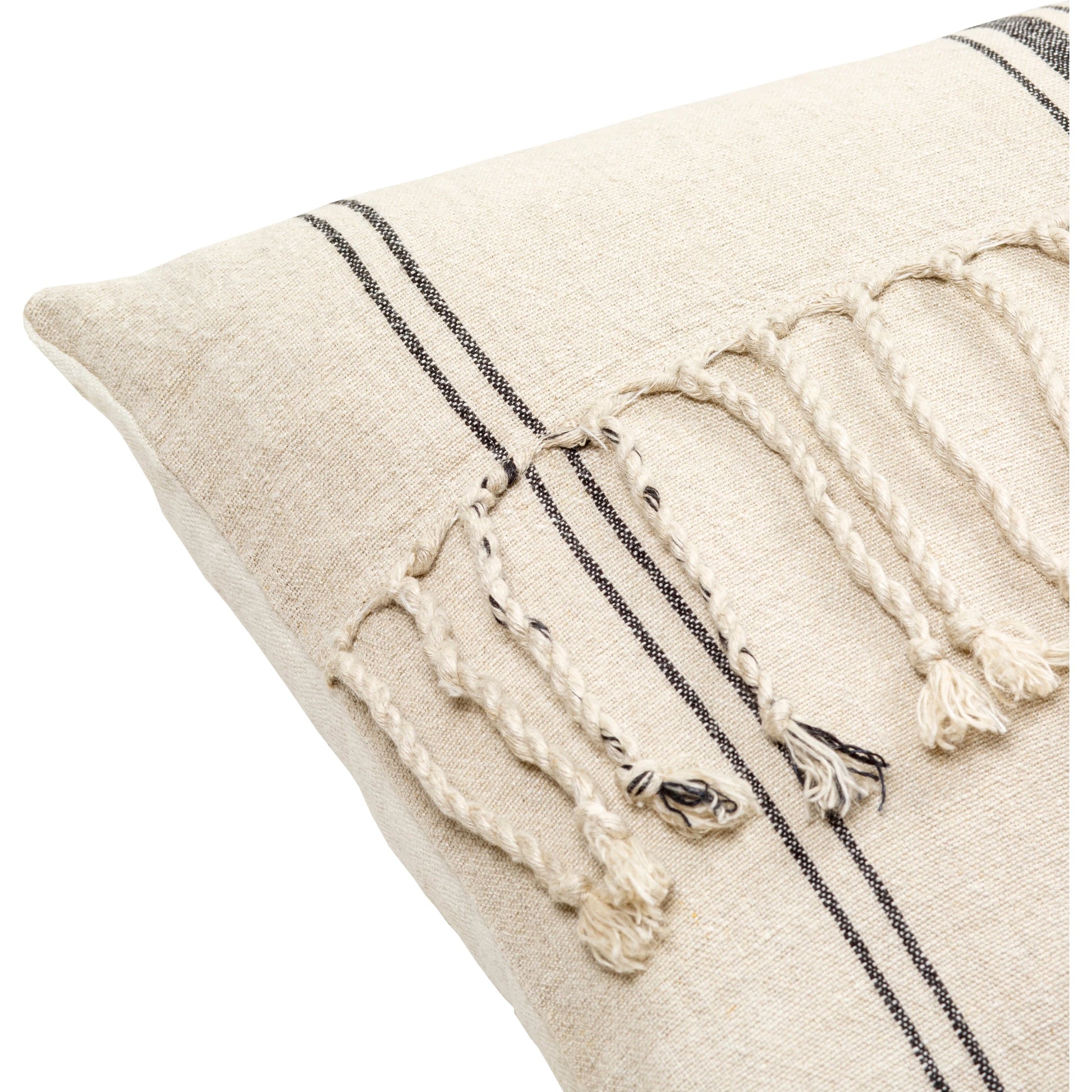 Linen Stripe Embellished Pillow - 13701 by Surya in light beige, black, oatmeal. Made from 100% linen in a eclectic & global style.