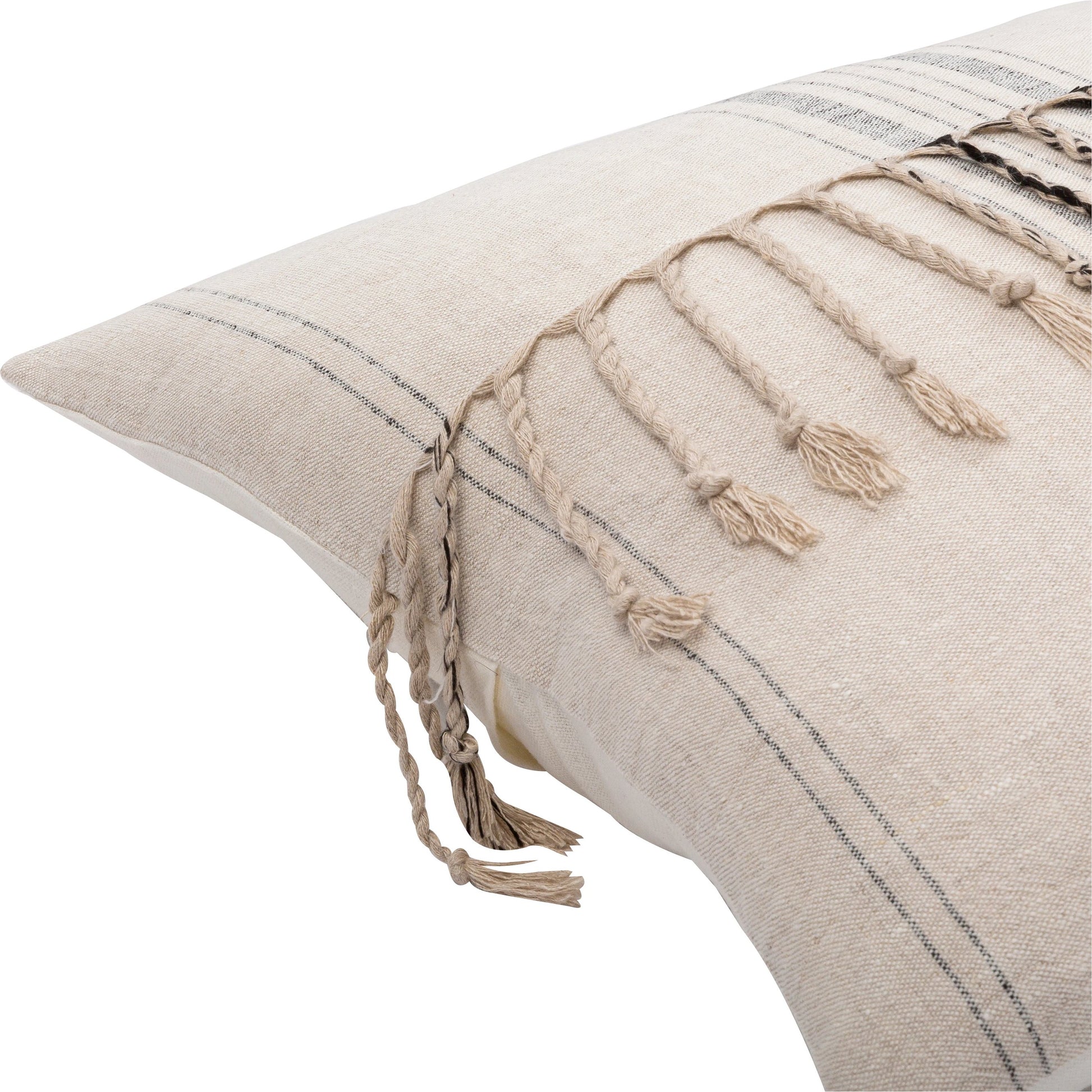 Linen Stripe Embellished Pillow - 13701 by Surya in light beige, black, oatmeal. Made from 100% linen in a eclectic & global style.