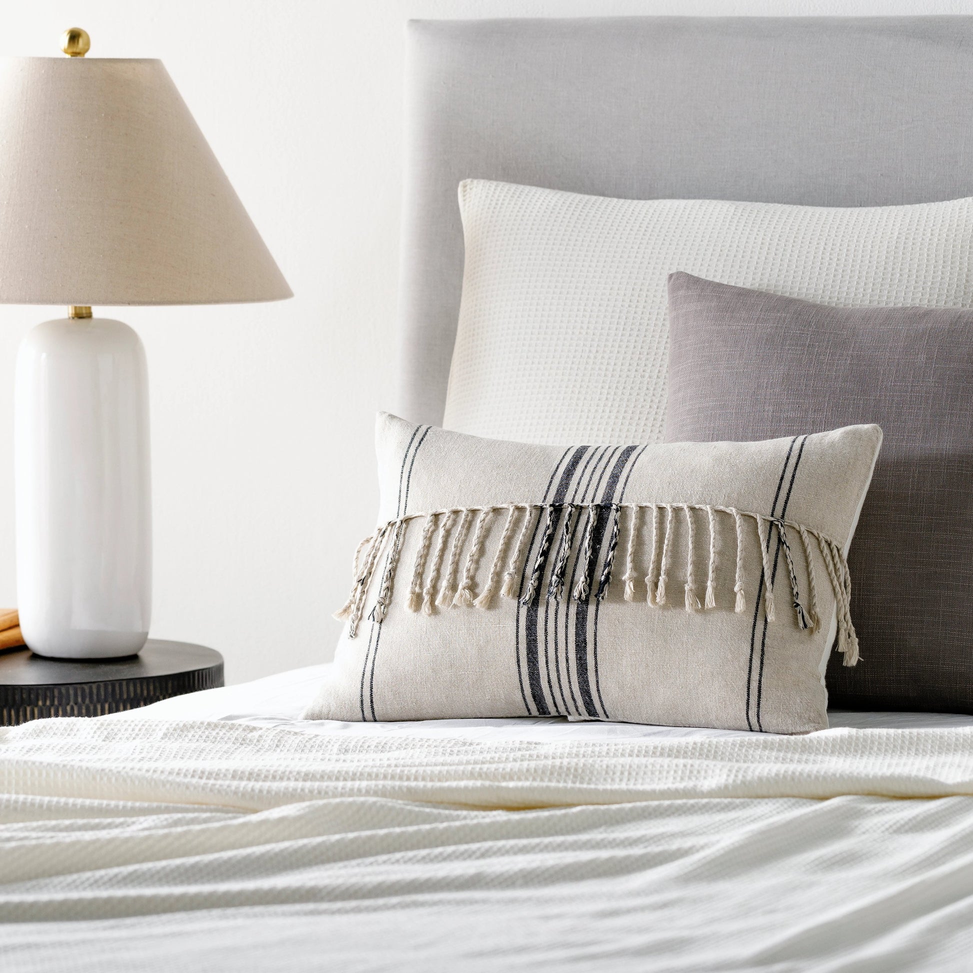 Linen Stripe Embellished Pillow - 13701 by Surya in light beige, black, oatmeal. Made from 100% linen in a eclectic & global style.