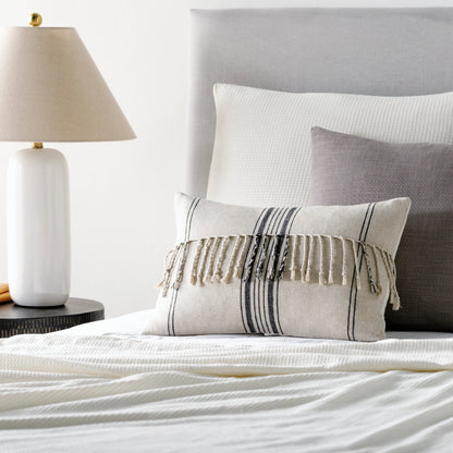 Linen Stripe Embellished Pillow - 13701 by Surya in light beige, black, oatmeal. Made from 100% linen in a eclectic & global style.