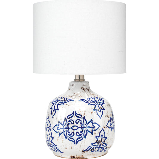 Ruby Table Lamp by The Livingston Collection in white, blue patterned ceramic. Made from ceramic, cotton in a cottage & farmhouse style.