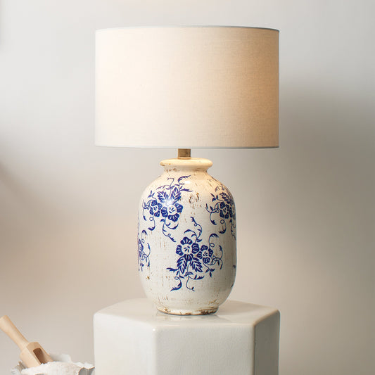 Ruth Table Lamp by The Livingston Collection in white, blue patterned ceramic. Made from ceramic, cotton in a cottage & farmhouse style.