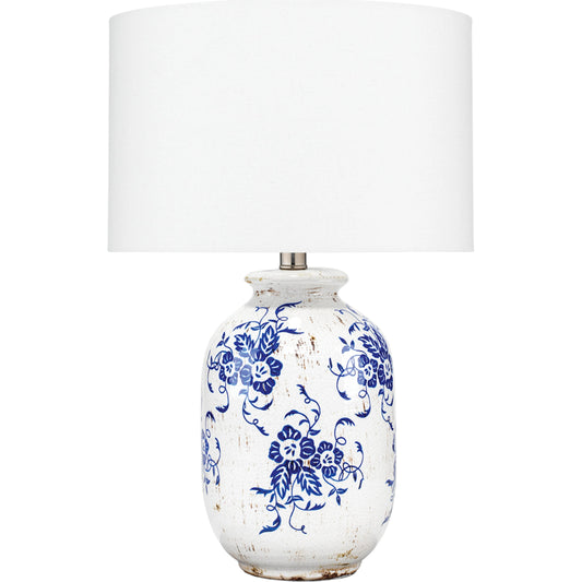 Ruth Table Lamp by The Livingston Collection in white, blue patterned ceramic. Made from ceramic, cotton in a cottage & farmhouse style.