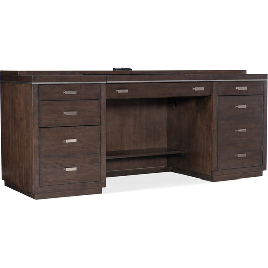 House Blend Computer Credenza by Hooker Furniture in dark roast. Made from quartered ash veneers, metal in a unique style.