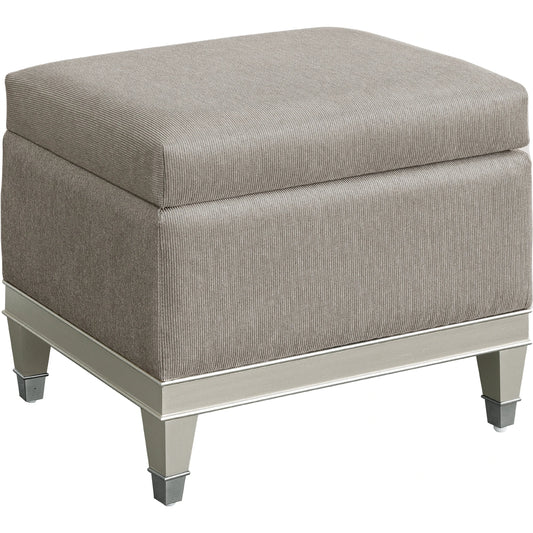 Zoey Vanity Storage Bench by Pulaski Furniture in metallic grey. Made from poplar wood, mdf, maple veneers in a modern style.