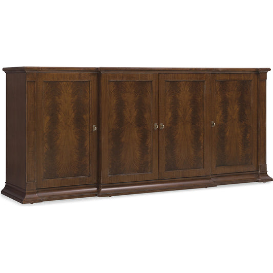 Archives Buffet by Hooker Furniture in dark wood and classic walnut. Made from figured walnut veneer with walnut swirl, oak veneer, silver tray in a unique style.