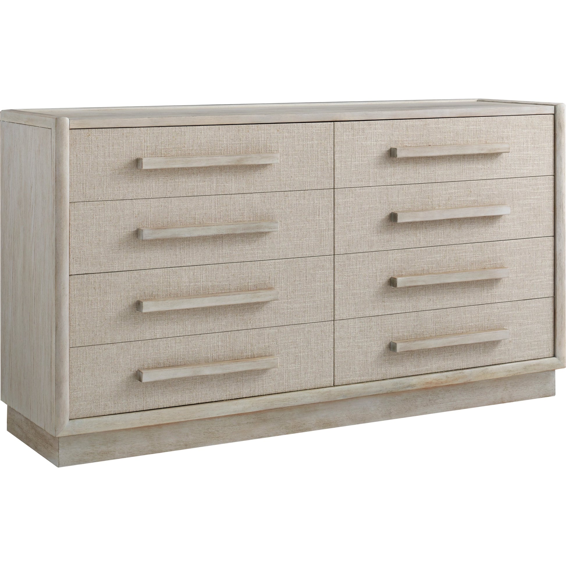 Cotiere Dresser in Beige Linen by A.R.T. Furniture in beige linen. Made from parawood solids, mixed split cathedral and quarter white oak veneers, fabric in a modern style.