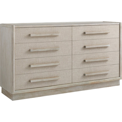 Cotiere Dresser in Beige Linen by A.R.T. Furniture in beige linen. Made from parawood solids, mixed split cathedral and quarter white oak veneers, fabric in a modern style.