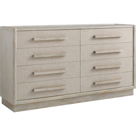Cotiere Dresser by A.R.T. Furniture in beige and linen. Made from parawood solids, mixed split cathedral and quarter white oak veneers, fabric in a modern style.