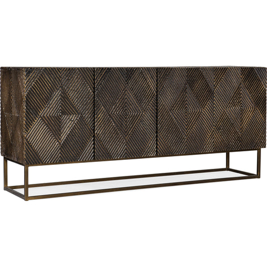 Melange Marcellus Four Door Credenza by Hooker Furniture in brown, gold. Made from mango wood with brass foil in a transitional style.
