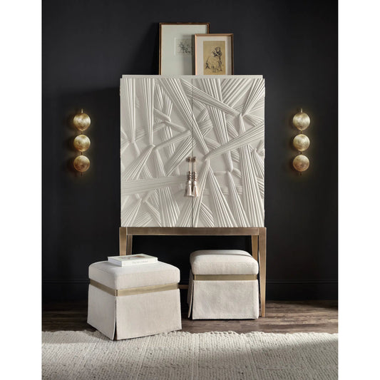 Melange Dream Weaver Bar Cabinet by Hooker Furniture in white and cream colored, champagne. Made from birch veneers, resin, tempered glass in a unique style.