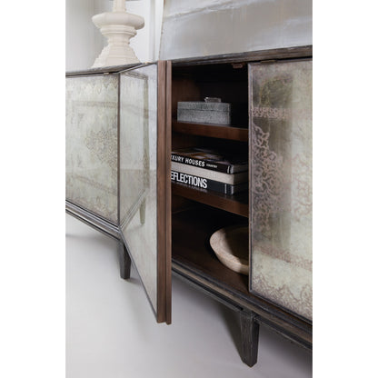 Rosella Console by Hooker Furniture in dark wood. Made from glass, hand paintng, oak veneers in a modern style.