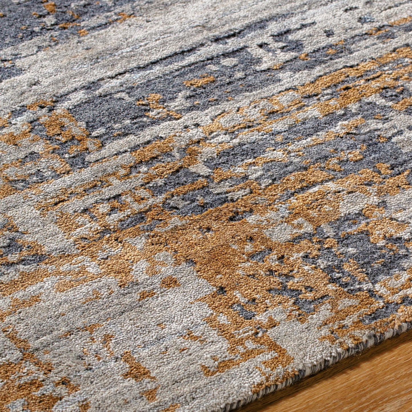 004 SI-2165459,SI-2165460,SI-2165461,SI-2165462,SI-2165463,SI-2165464,SI-2165465 | Closeup | Lucknow Rug - 534690 by Surya in ochre, slate gray, ivory. Made from viscose, wool in a unique style.