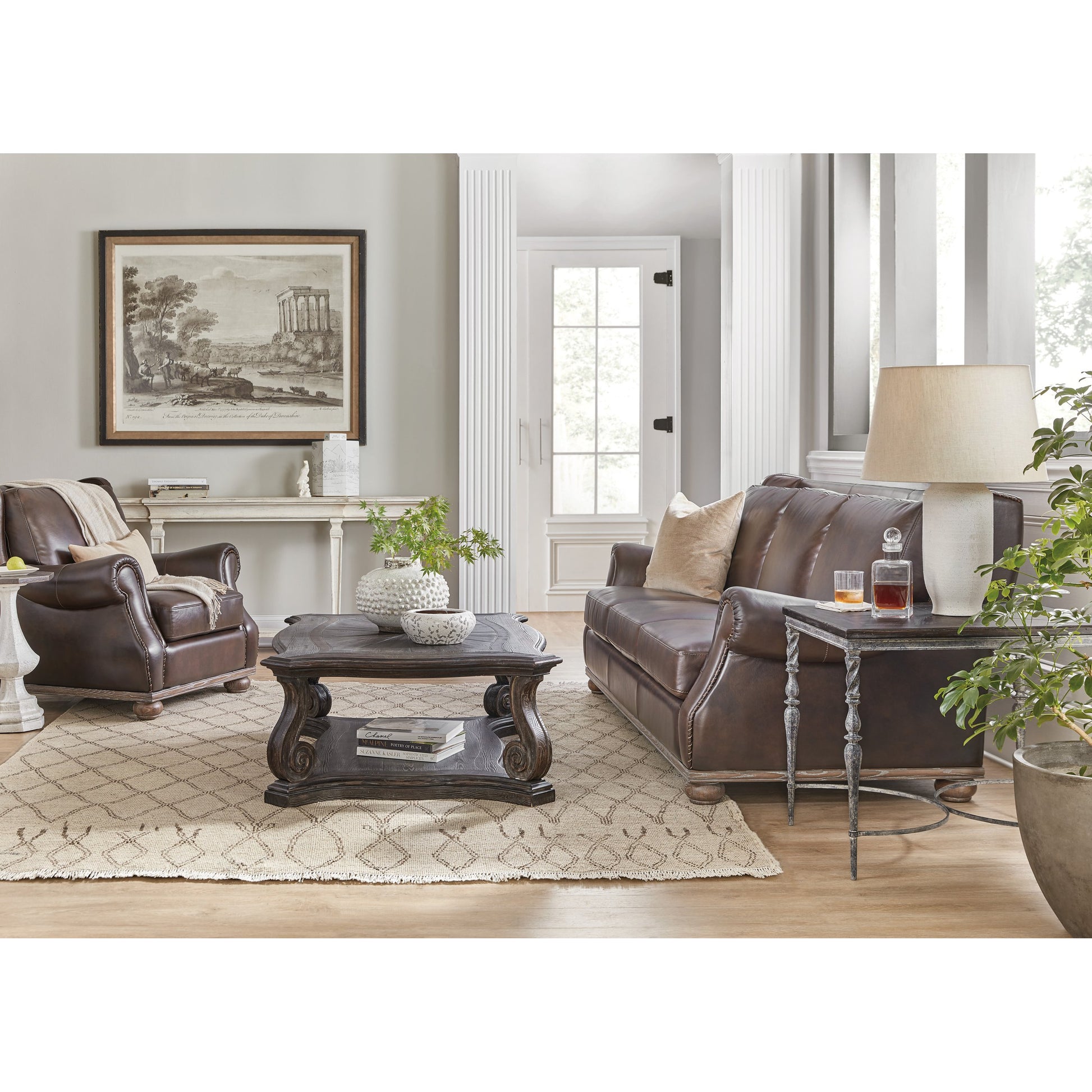 Traditions Vintage Rectangle Cocktail Table by Hooker Furniture in dark wood. Made from pine, oak, maple veneers with resin, solid-wood edge top in a cottage & farmhouse style.