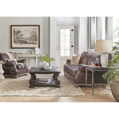 Traditions Vintage Rectangle Cocktail Table by Hooker Furniture in dark wood. Made from pine, oak, maple veneers with resin, solid-wood edge top in a cottage & farmhouse style.