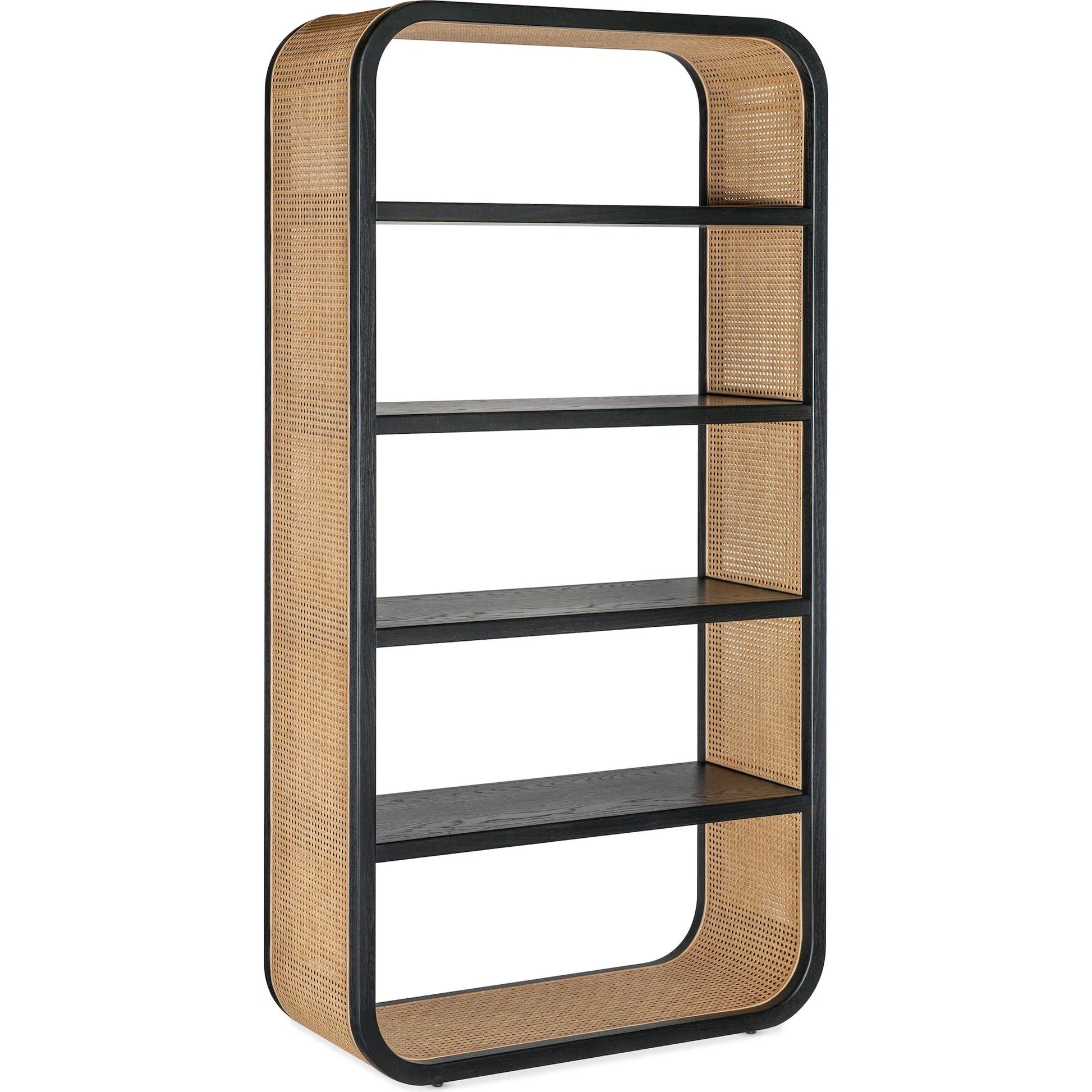 Cain Bookcase by Hooker Furniture in black finish with brown cane accents. Made from unique in a rustic style.