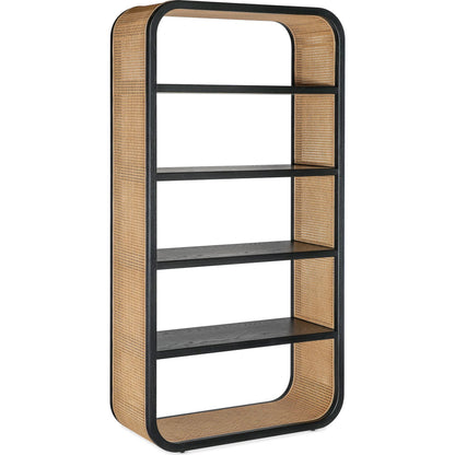 Cain Bookcase by Hooker Furniture in black finish with brown cane accents. Made from unique in a rustic style.