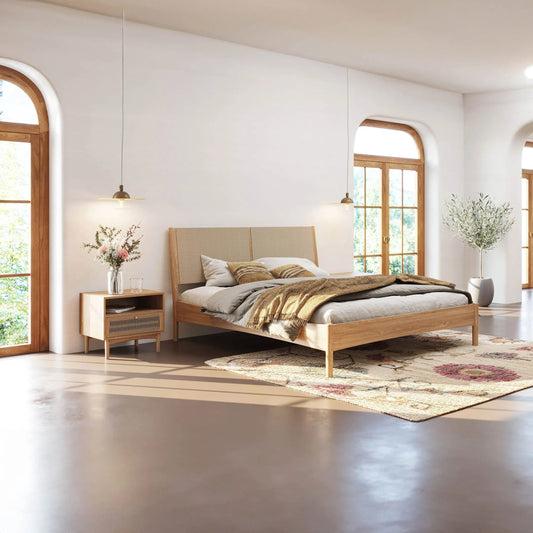 Lumina Queen Bed by LH Imports in beige and natural. Made from oak wood legs, 100% natural paper rope, mdf oak veneer in a unique style.