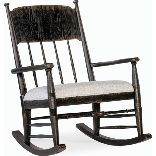 Americana Rocking Chair by Hooker Furniture in beige and molasses finish. Made from oak veneers and fabric in a cottage & farmhouse style.