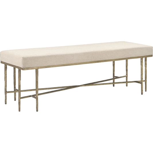 Luno Bench by Surya in cream and brass, electroplated. Made from polyester, cotton, linen, iron, polyurethane foam, polyfill in a unique style.