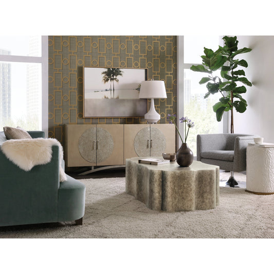 Melange Nolita Four Door Entertainment Console by Hooker Furniture in champagne. Made from maple veneers, resin, metal in a modern style.