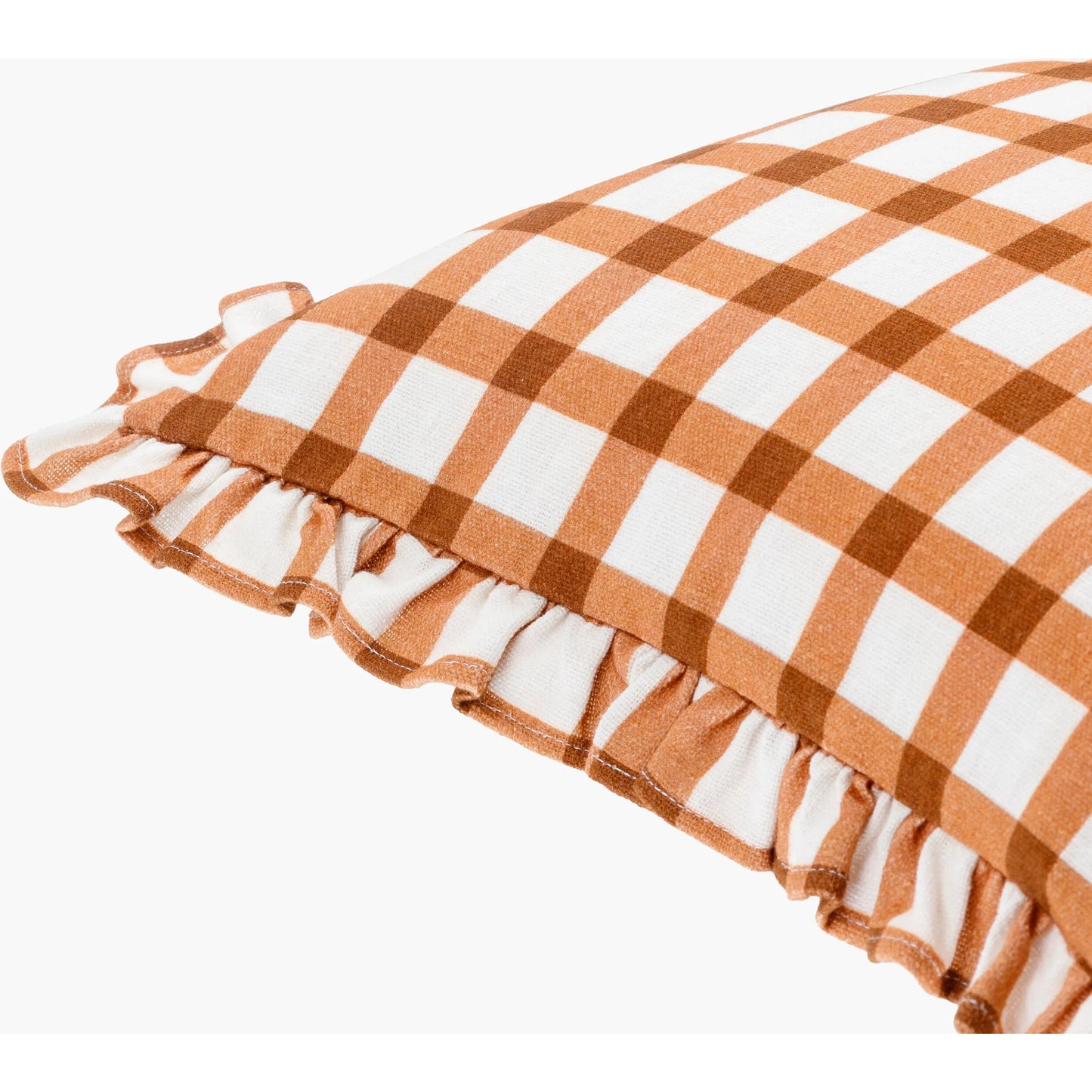 002 SI-2132197,SI-2132198,SI-2132200,SI-2132201,SI-2132203,SI-2132204 | Closeup | Louisville Pillow - 497695 by Livabliss in burnt orange, white. Made from front: 100% cotton, back: 100% cotton in a cottage & farmhouse style.