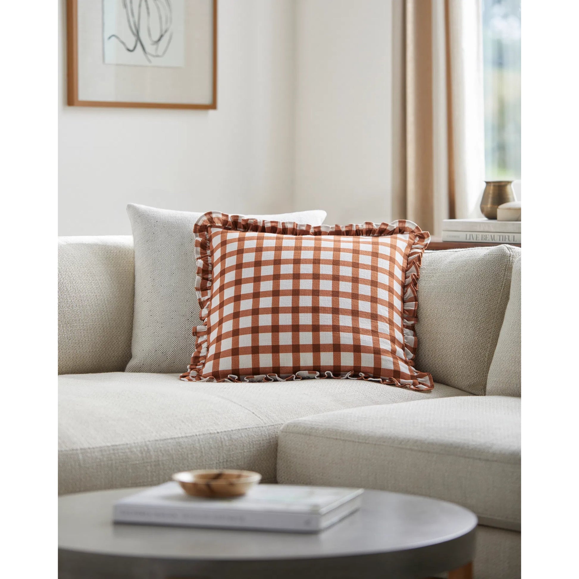 Louisville Pillow - 497695 by Livabliss in burnt orange, white. Made from front: 100% cotton, back: 100% cotton in a cottage & farmhouse style.
