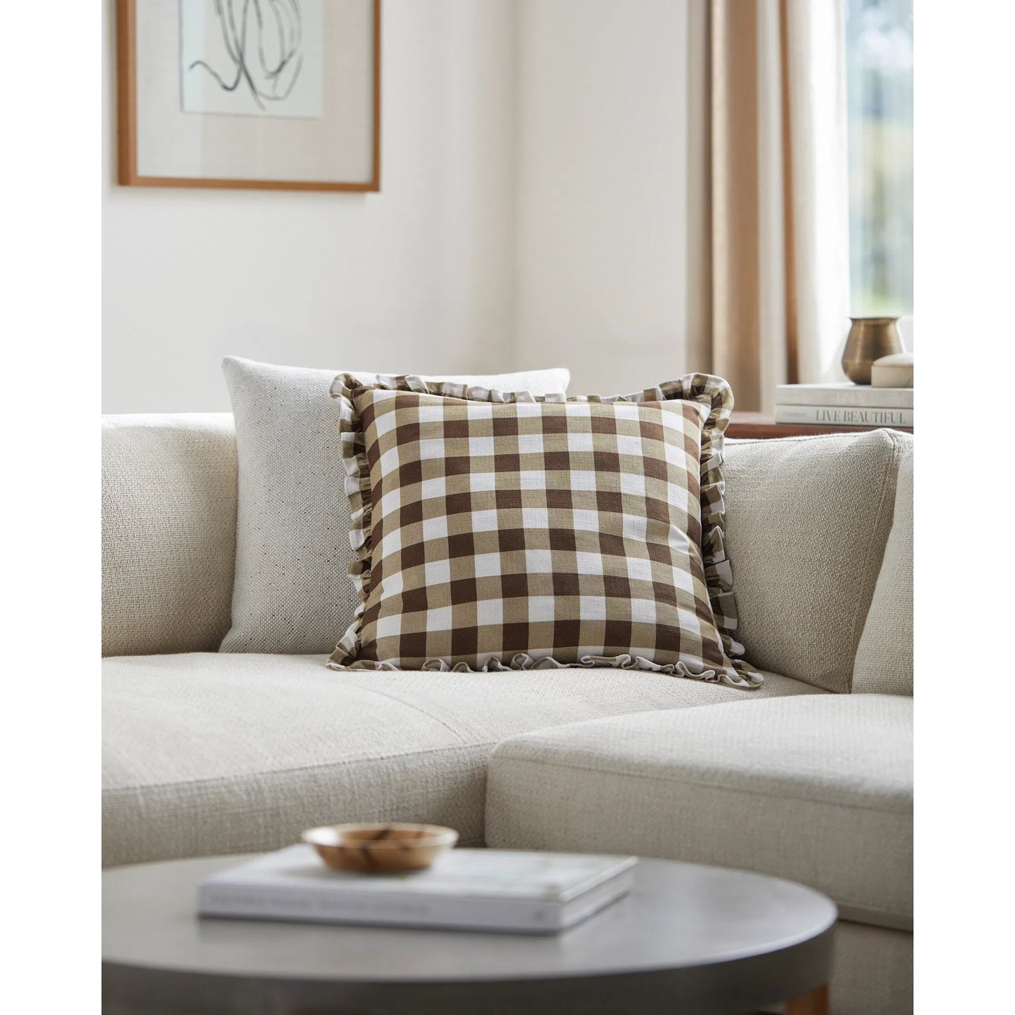 003 SI-2132224,SI-2132225,SI-2132227,SI-2132228,SI-2132230,SI-2132231 | Lifestyle | Louisville Pillow - 497710 by Livabliss in olive, white. Made from front: 100% cotton, back: 100% cotton in a cottage & farmhouse style.