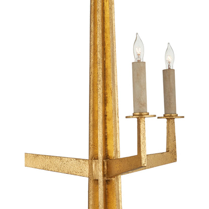 Goldfinch Chandelier by Currey and Company in washed lucerne gold. Made from wrought iron in a modern style.