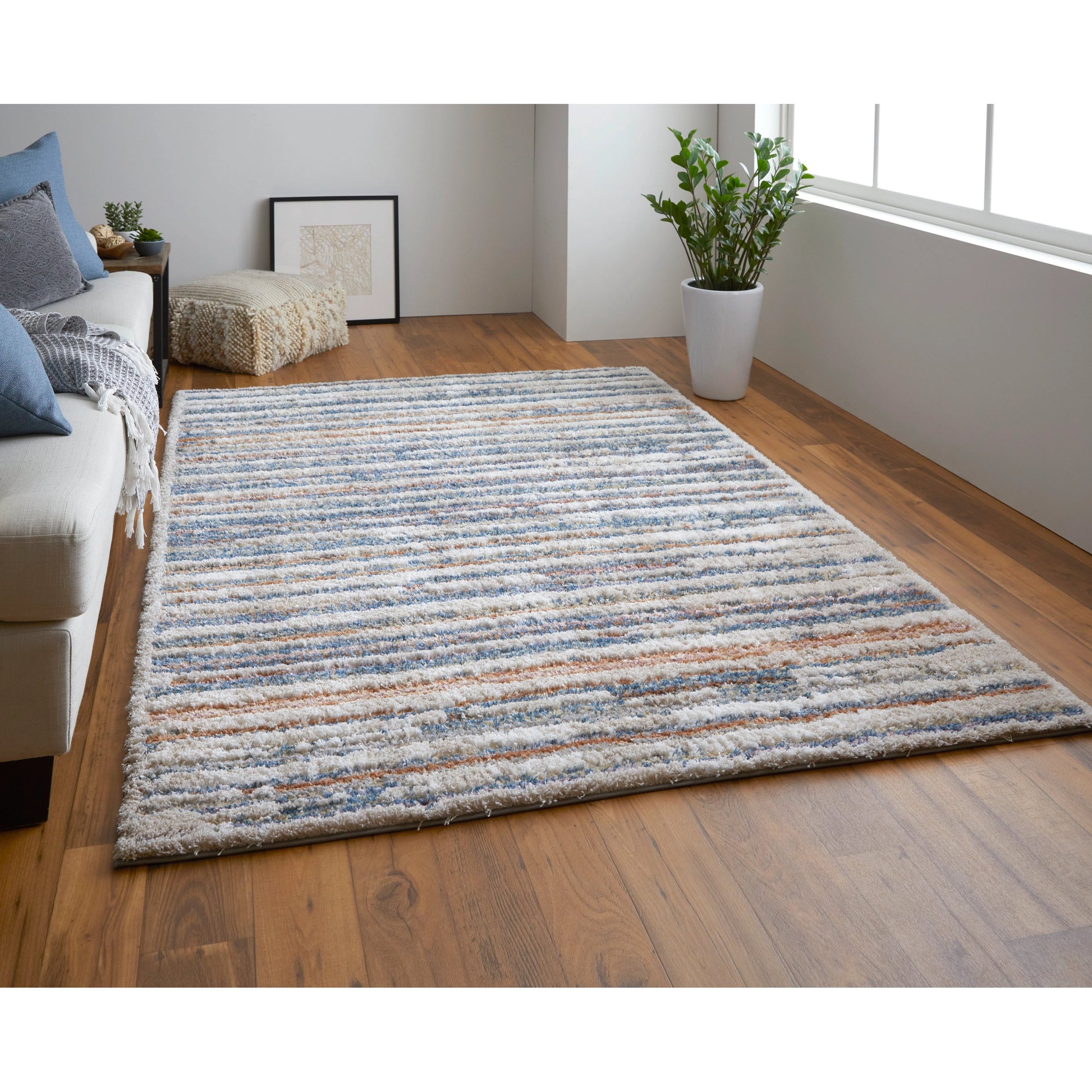 Mynka Transitional Stripes Rug - 39IEF by Feizy in ivory, blue, orange. Made from polyester in a unique style.