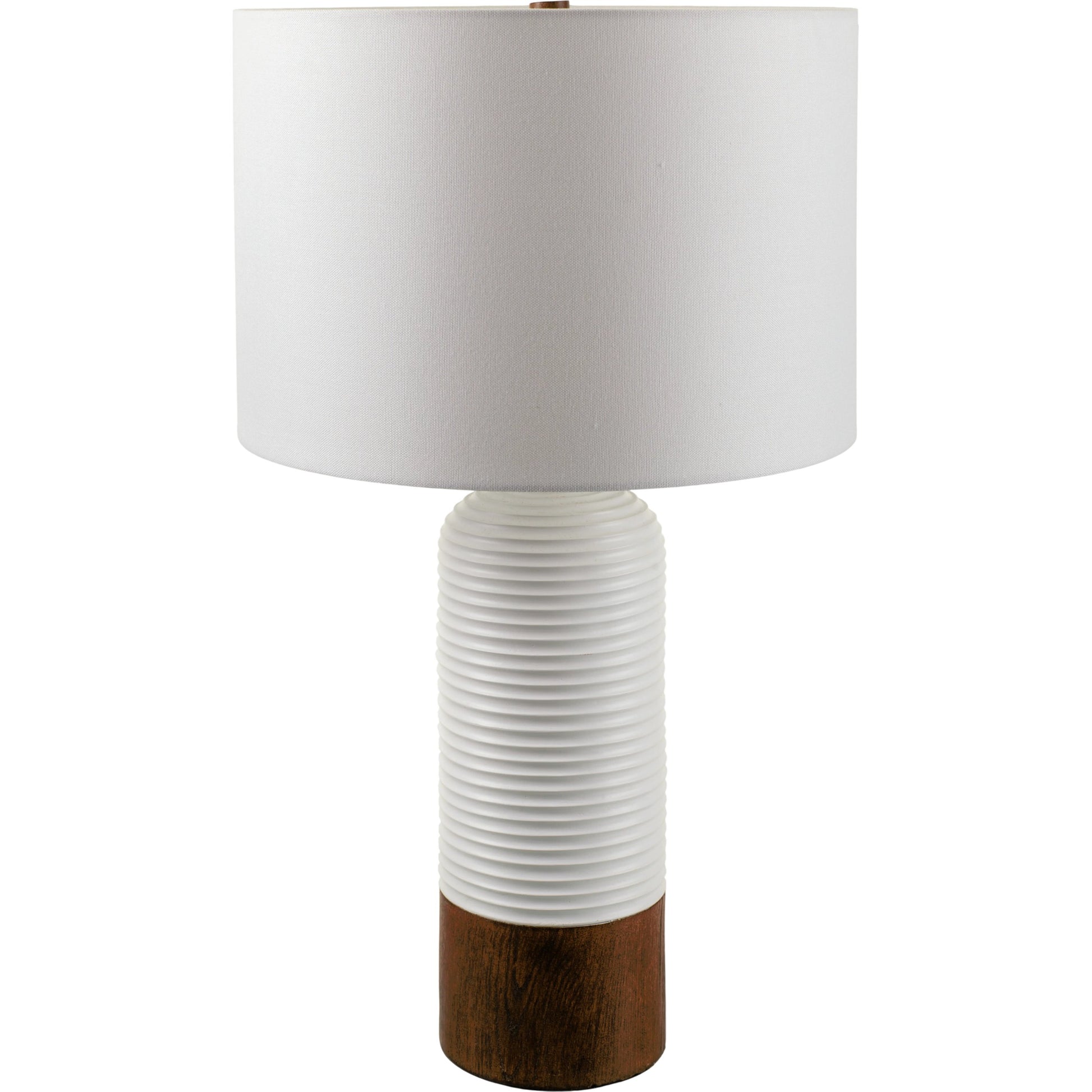 Livia Table Lamp - 531735 by Livabliss in body: white, shade: white, finial: brown, harp: metallic - brass, cord: translucent and coloredcolored. Made from resin, linen, polyester, iron in a modern style.