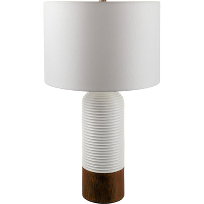Livia Table Lamp - 531735 by Livabliss in body: white, shade: white, finial: brown, harp: metallic - brass, cord: translucent and coloredcolored. Made from resin, linen, polyester, iron in a modern style.