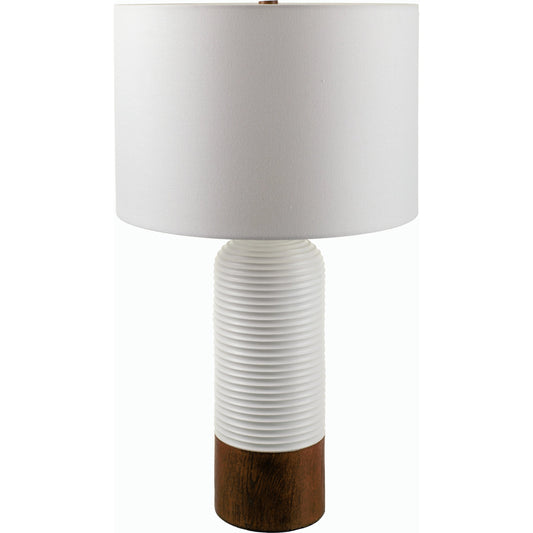 Livia Table Lamp - 531735 by Livabliss in body: white, shade: white, finial: brown, harp: metallic - brass, cord: translucent and coloredcolored. Made from resin, linen, polyester, iron in a modern style.