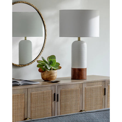 Livia Table Lamp - 531735 by Livabliss in body: white, shade: white, finial: brown, harp: metallic - brass, cord: translucent and coloredcolored. Made from resin, linen, polyester, iron in a modern style.