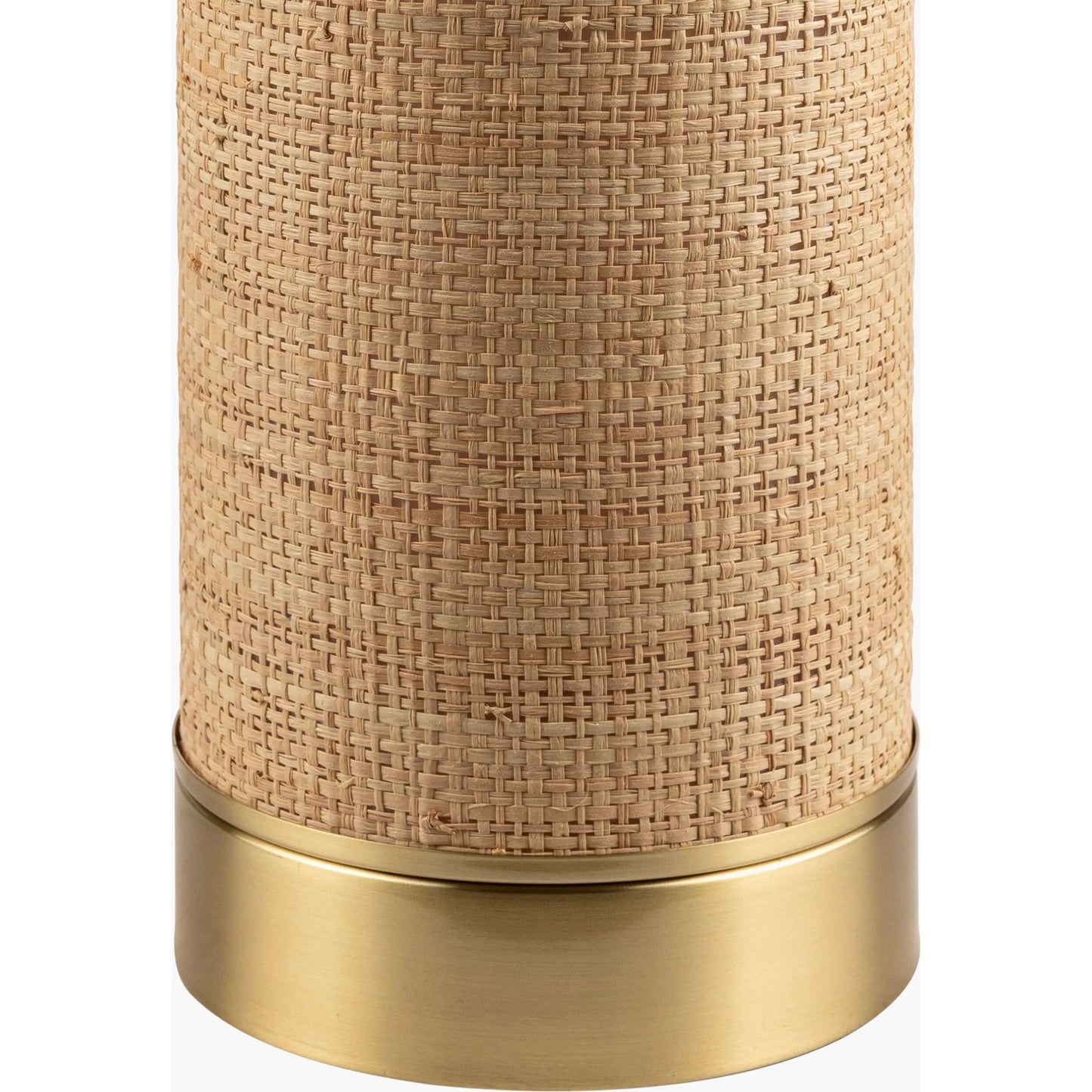 002 SI-2052667 | Closeup | Livonia - 492808 by Surya in body: tan, base: gold, shade (outside): tan, shade (inside): white, finial: metallic - gold, harp: metallic - gold, cord: translucent and plated, natural brushed. Made from body: rattan, base: steel, 