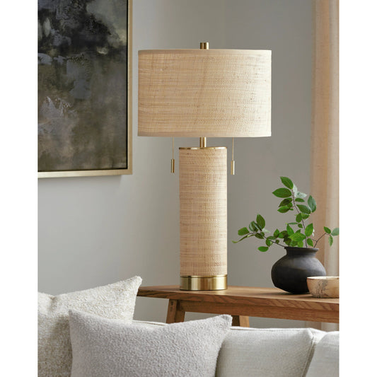 Livonia - 492808 by Surya in body: tan, base: gold, shade (outside): tan, shade (inside): white, finial: metallic - gold, harp: metallic - gold, cord: translucent and plated, natural brushed. Made from body: rattan, base: steel