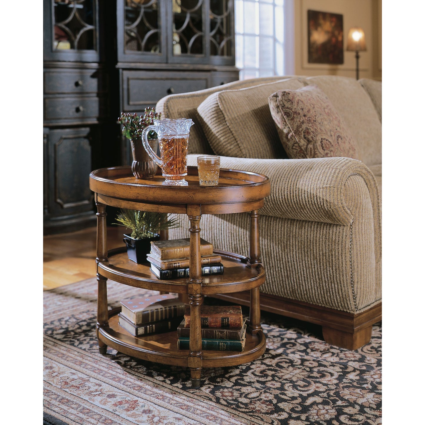 002 SI-1749372 | Lifestyle | Oval Accent Table by Hooker Furniture in mappa burl. Made from mappa burl veneer in a traditional style.