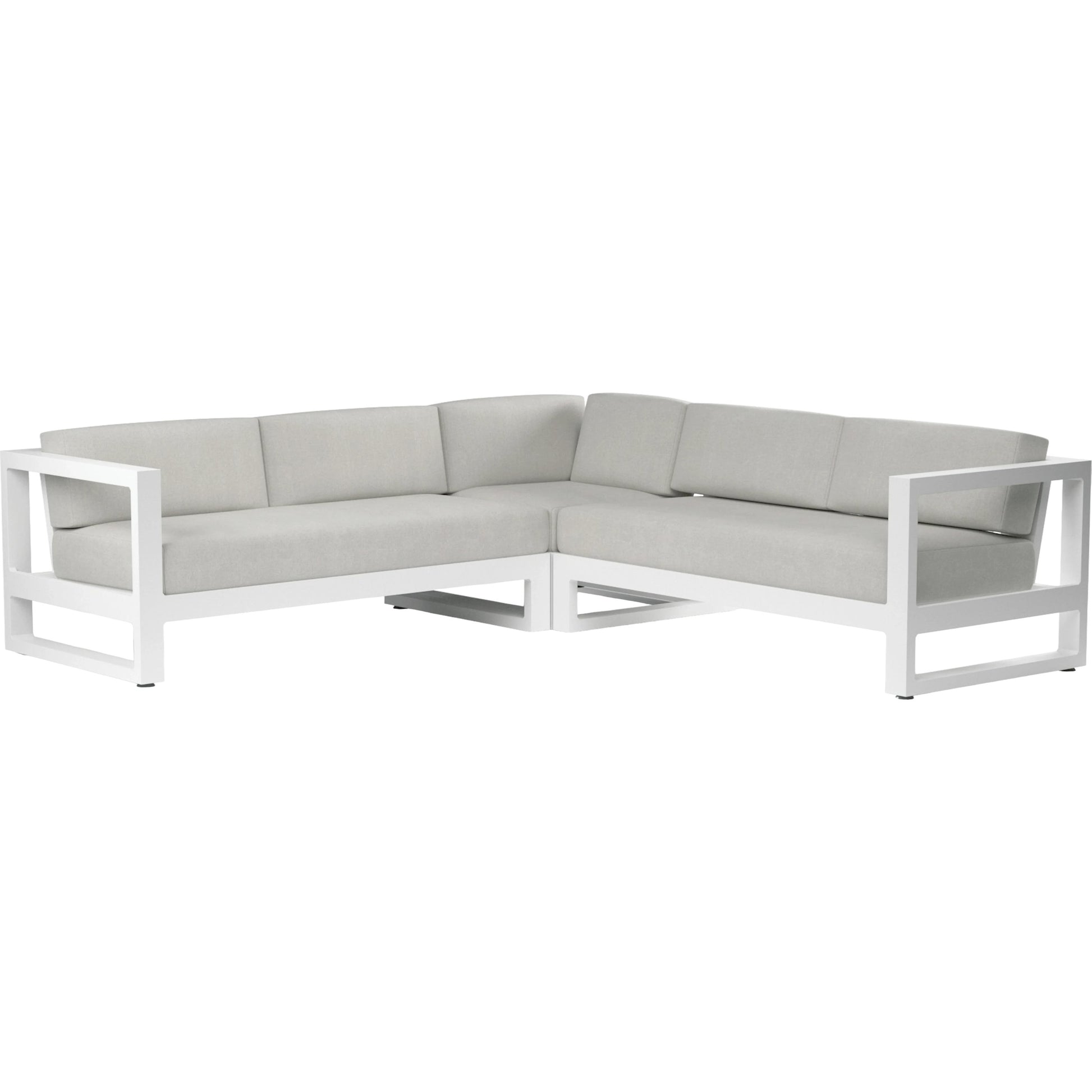 Newport Outdoor Sectional by Sunset West in frost. Made from aluminum in a modern style.