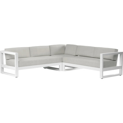 Newport Outdoor Sectional by Sunset West in frost. Made from aluminum in a modern style.