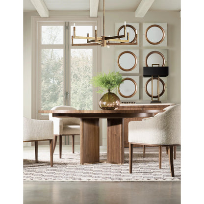 Eleana Round Dining Table with One 20-inch Leaf by Hooker Furniture in light caramel, sunlit bronze metal. Made from walnut veneers, metal in a modern style.