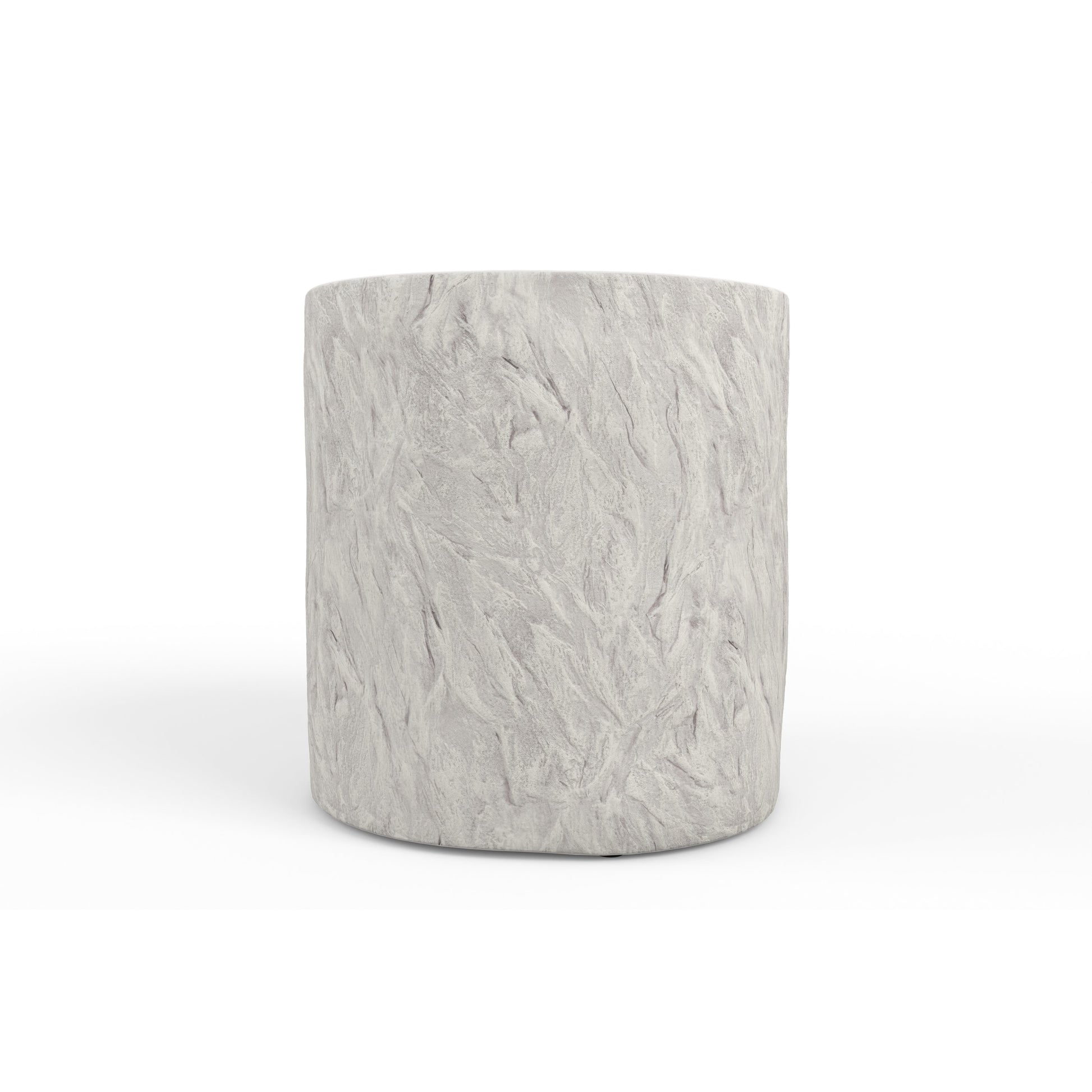 Antique Outdoor Stone Round End Table by Sunset West in bone white and stone. Made from gfr concrete in a modern style.