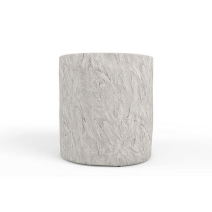 Antique Outdoor Stone Round End Table by Sunset West in bone white and stone. Made from gfr concrete in a modern style.