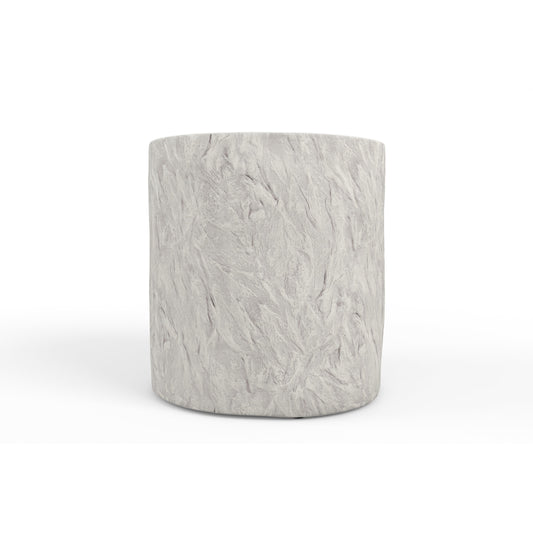 Antique Outdoor Stone Round End Table by Sunset West in bone white and stone. Made from gfr concrete in a modern style.